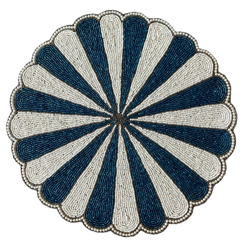Tiramisu Hand Glass Beaded Placemat Charger Round Scalloped Edge Blue Cream NEW